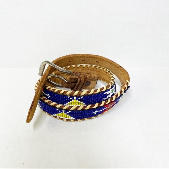 Indian Blue and Yellow Hand Beaded Leather Belt Size 28 main image 4